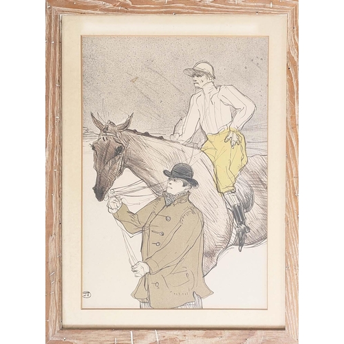 26 - AFTER HENRI TOULOUSE LAUTREC, the jockey going to the post, print, 43cm x 31cm, in a pine frame.