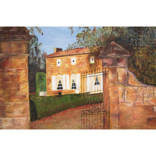 28 - GEOFFREY FLANDERS, 'Country House', oil on canvas, 120cm x 151cm, signed.