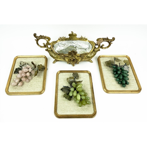 4 - BUNCHED WALL GRAPES, three jade and quartz in rounded edge gilt frames, along with a gilt metal Fren... 