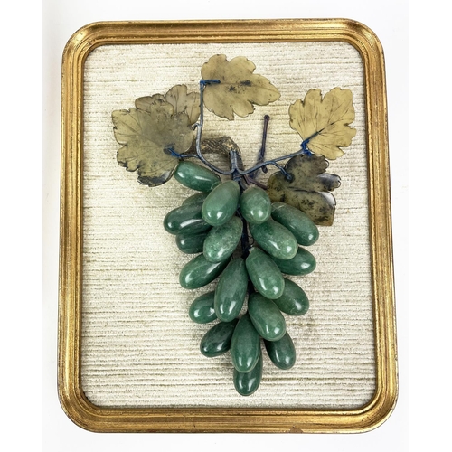 4 - BUNCHED WALL GRAPES, three jade and quartz in rounded edge gilt frames, along with a gilt metal Fren... 