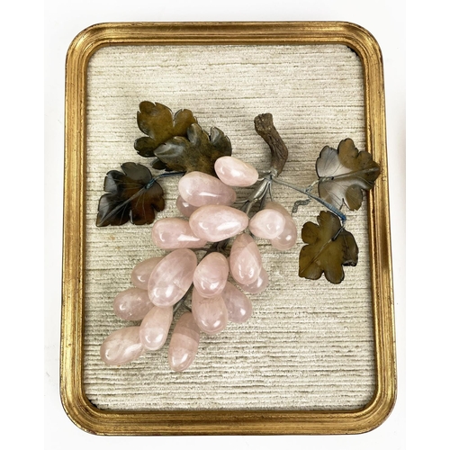 4 - BUNCHED WALL GRAPES, three jade and quartz in rounded edge gilt frames, along with a gilt metal Fren... 