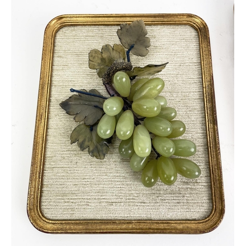 4 - BUNCHED WALL GRAPES, three jade and quartz in rounded edge gilt frames, along with a gilt metal Fren... 