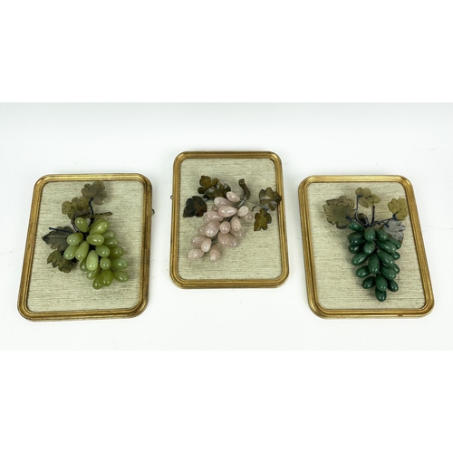 4 - BUNCHED WALL GRAPES, three jade and quartz in rounded edge gilt frames, along with a gilt metal Fren... 