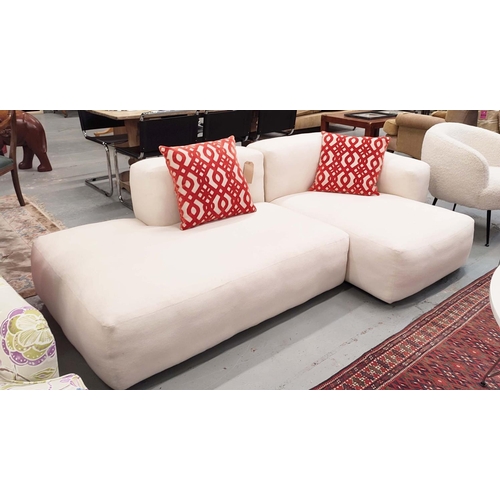 415 - CORNER SOFA, white fabric upholstered, with two scatter cushions, 235cm x 135cm x 64cm approx.