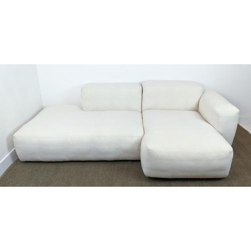 415 - CORNER SOFA, white fabric upholstered, with two scatter cushions, 235cm x 135cm x 64cm approx.