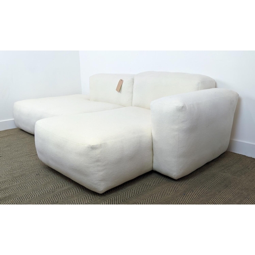 415 - CORNER SOFA, white fabric upholstered, with two scatter cushions, 235cm x 135cm x 64cm approx.