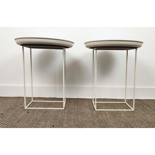 416 - SIDE TABLES, a pair, tray tops, white painted metal, 47cm x 53.5cm. (2)