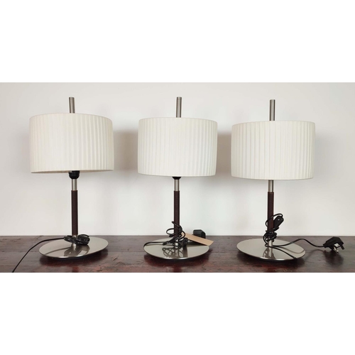 426 - BOVER DANONA TABLE LAMPS, a set of three, with pleated shades and leather detail to stem, each 27cm ... 