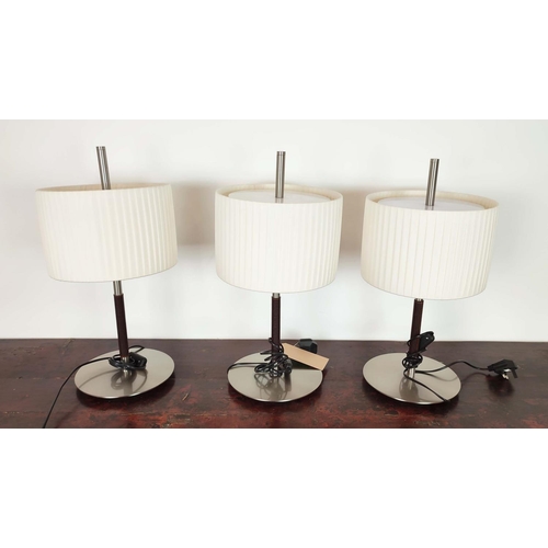 426 - BOVER DANONA TABLE LAMPS, a set of three, with pleated shades and leather detail to stem, each 27cm ... 