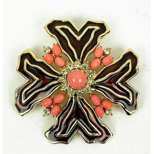 7 - JOMAZ BROOCH, American mid century, with rhinestones dark amber enamel and coral cabochons gold plat... 