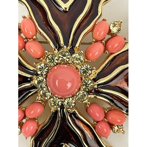 7 - JOMAZ BROOCH, American mid century, with rhinestones dark amber enamel and coral cabochons gold plat... 