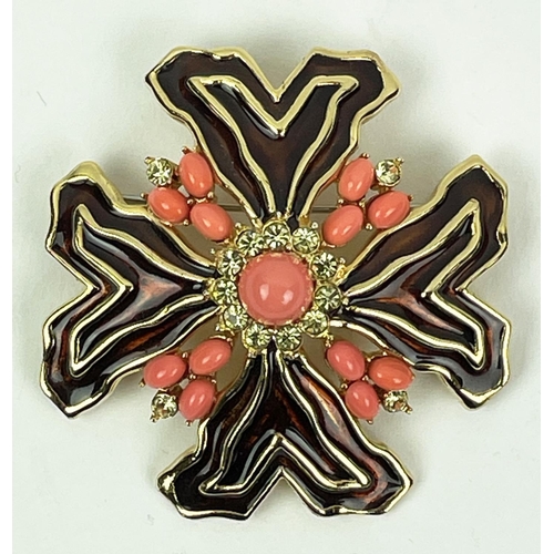 7 - JOMAZ BROOCH, American mid century, with rhinestones dark amber enamel and coral cabochons gold plat... 