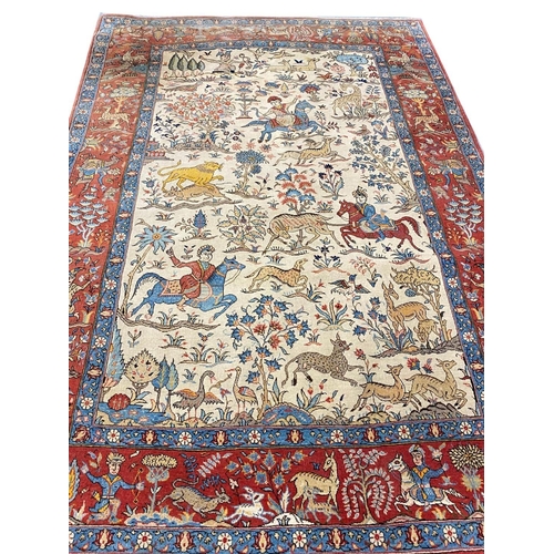 76 - ANTIQUE PERSIAN HUNTING DESIGN QUM RUG, 200cm x 140cm.