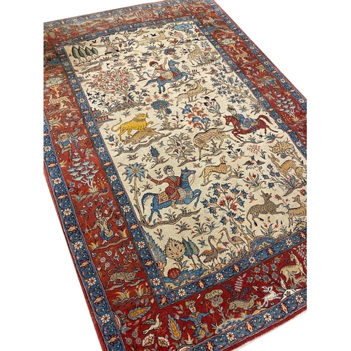 76 - ANTIQUE PERSIAN HUNTING DESIGN QUM RUG, 200cm x 140cm.