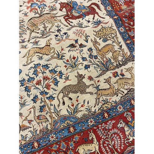 76 - ANTIQUE PERSIAN HUNTING DESIGN QUM RUG, 200cm x 140cm.