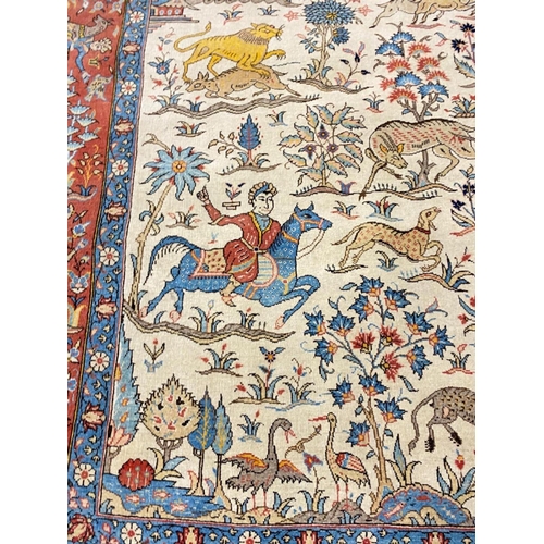 76 - ANTIQUE PERSIAN HUNTING DESIGN QUM RUG, 200cm x 140cm.