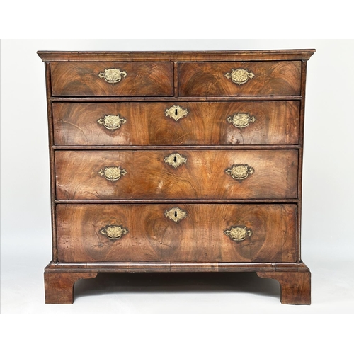 84 - CHEST, early 18th century English Queen Anne figured walnut with two short and three long drawers, 9... 