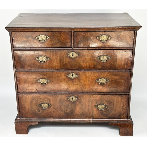 84 - CHEST, early 18th century English Queen Anne figured walnut with two short and three long drawers, 9... 