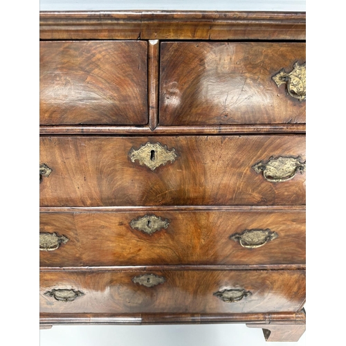 84 - CHEST, early 18th century English Queen Anne figured walnut with two short and three long drawers, 9... 