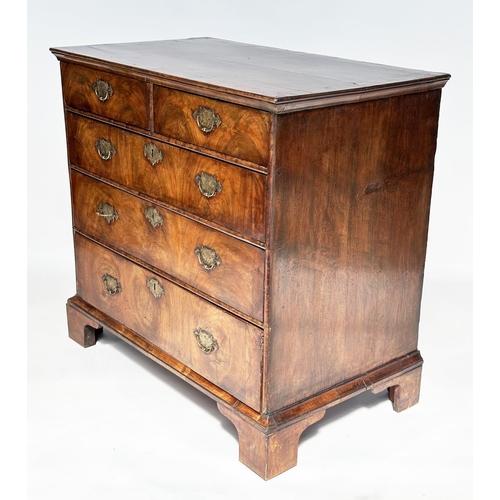 84 - CHEST, early 18th century English Queen Anne figured walnut with two short and three long drawers, 9... 