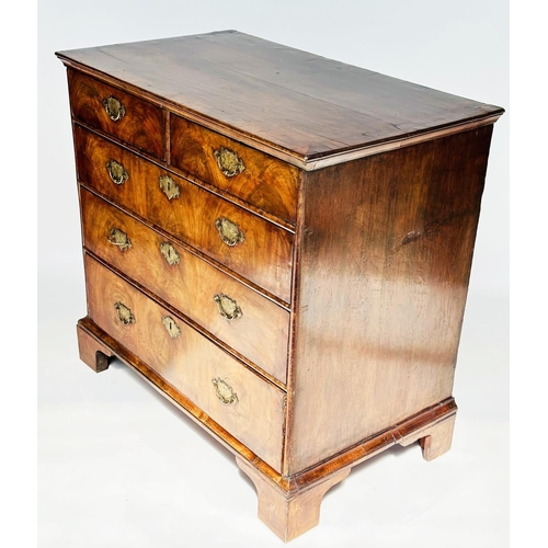 84 - CHEST, early 18th century English Queen Anne figured walnut with two short and three long drawers, 9... 