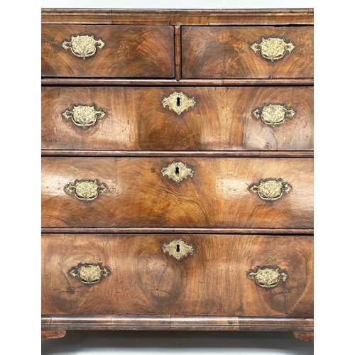 84 - CHEST, early 18th century English Queen Anne figured walnut with two short and three long drawers, 9... 