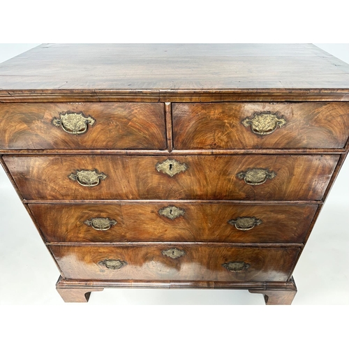 84 - CHEST, early 18th century English Queen Anne figured walnut with two short and three long drawers, 9... 