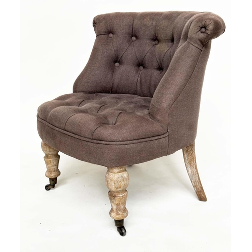 85 - SLIPPER CHAIR, 19th century style with deep buttoned upholstery, rounded scroll back and turned line... 