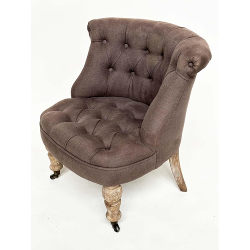 85 - SLIPPER CHAIR, 19th century style with deep buttoned upholstery, rounded scroll back and turned line... 