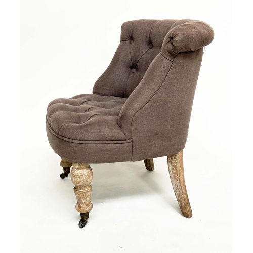 85 - SLIPPER CHAIR, 19th century style with deep buttoned upholstery, rounded scroll back and turned line... 