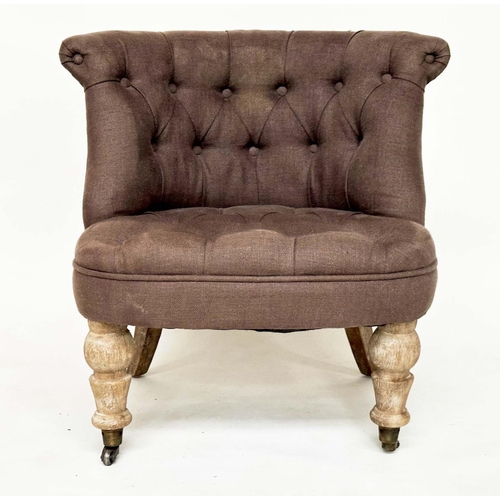 85 - SLIPPER CHAIR, 19th century style with deep buttoned upholstery, rounded scroll back and turned line... 