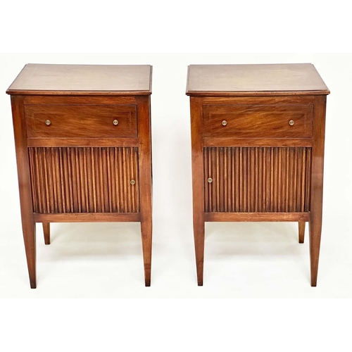 86 - TAMBOUR LAMP TABLES, a pair, George III design walnut each with frieze drawer, and tambour cabinet, ... 