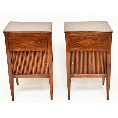 86 - TAMBOUR LAMP TABLES, a pair, George III design walnut each with frieze drawer, and tambour cabinet, ... 