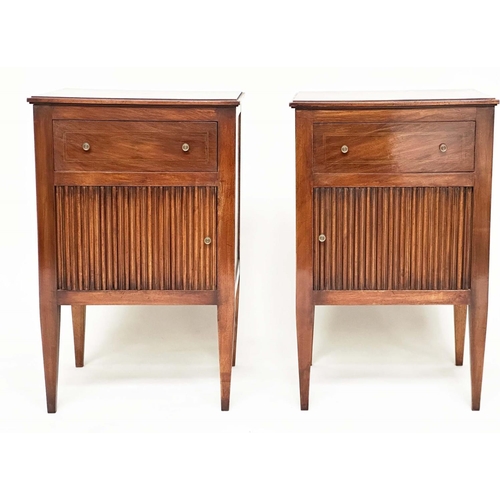 86 - TAMBOUR LAMP TABLES, a pair, George III design walnut each with frieze drawer, and tambour cabinet, ... 