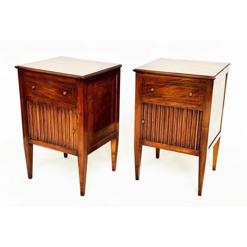 86 - TAMBOUR LAMP TABLES, a pair, George III design walnut each with frieze drawer, and tambour cabinet, ... 