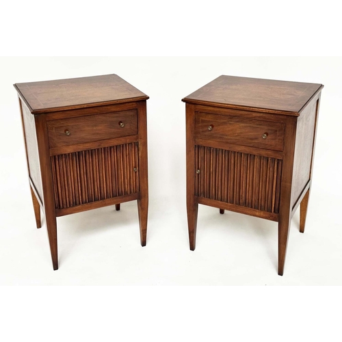 86 - TAMBOUR LAMP TABLES, a pair, George III design walnut each with frieze drawer, and tambour cabinet, ... 