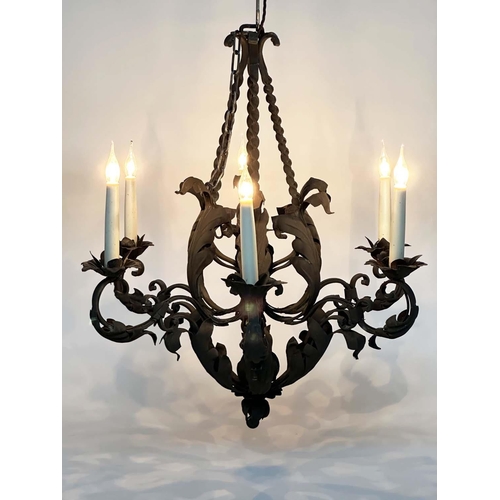 88 - CHANDELIER, scrolling and twisted wrought iron in antique finish with six candle lights, 73cm H.