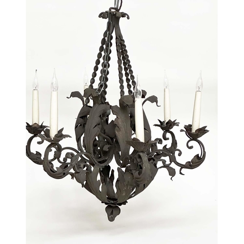 88 - CHANDELIER, scrolling and twisted wrought iron in antique finish with six candle lights, 73cm H.