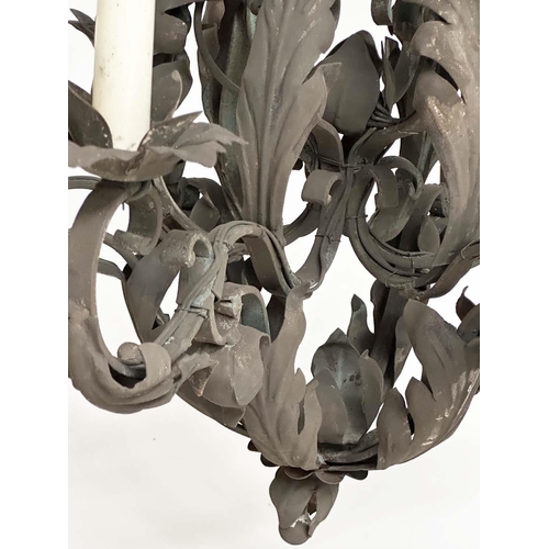 88 - CHANDELIER, scrolling and twisted wrought iron in antique finish with six candle lights, 73cm H.