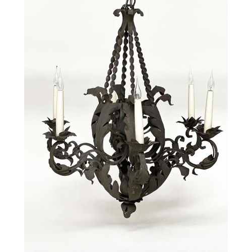 88 - CHANDELIER, scrolling and twisted wrought iron in antique finish with six candle lights, 73cm H.