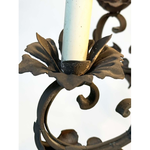 88 - CHANDELIER, scrolling and twisted wrought iron in antique finish with six candle lights, 73cm H.