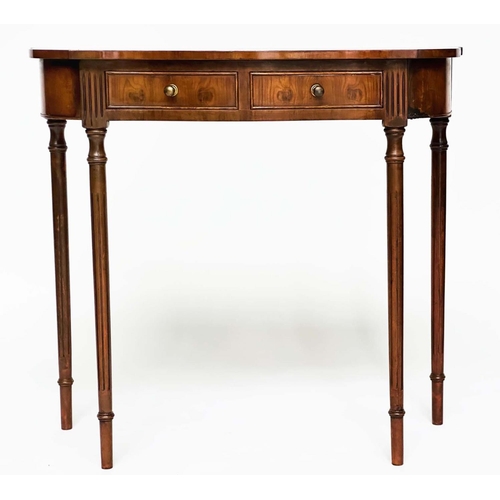 89 - HALL TABLE, George III design yewwood of serpentine outline with two frieze drawers and tapering sup... 