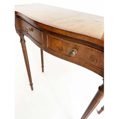 89 - HALL TABLE, George III design yewwood of serpentine outline with two frieze drawers and tapering sup... 