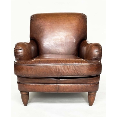 92 - LIBRARY ARMCHAIR, club style hand finished soft natural tan leather upholstered with rounded back an... 