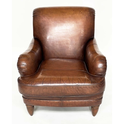 92 - LIBRARY ARMCHAIR, club style hand finished soft natural tan leather upholstered with rounded back an... 