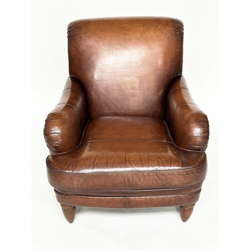 92 - LIBRARY ARMCHAIR, club style hand finished soft natural tan leather upholstered with rounded back an... 