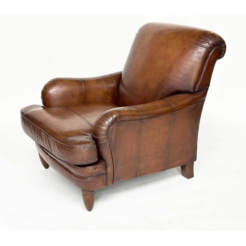 92 - LIBRARY ARMCHAIR, club style hand finished soft natural tan leather upholstered with rounded back an... 