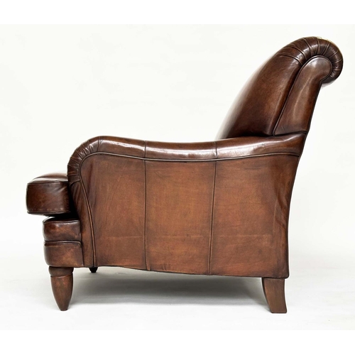 92 - LIBRARY ARMCHAIR, club style hand finished soft natural tan leather upholstered with rounded back an... 