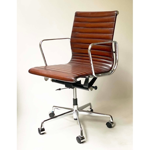 93 - REVOLVING DESK CHAIR, Charles & Ray Eames inspired with ribbed natural soft hand finished tan brown ... 