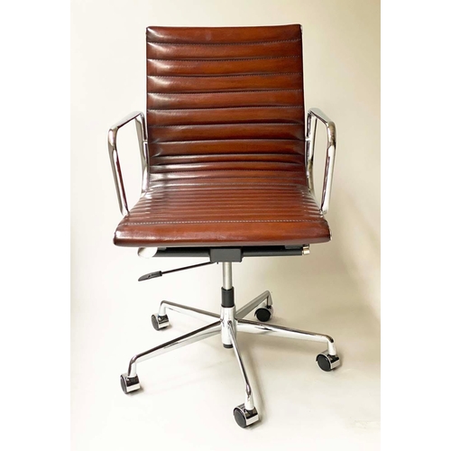 93 - REVOLVING DESK CHAIR, Charles & Ray Eames inspired with ribbed natural soft hand finished tan brown ... 